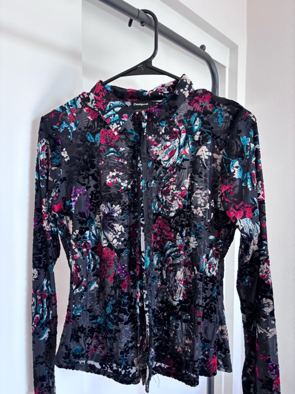 Desigual Black Floral Velvet Mesh Long-Sleeve Button Up Blouse